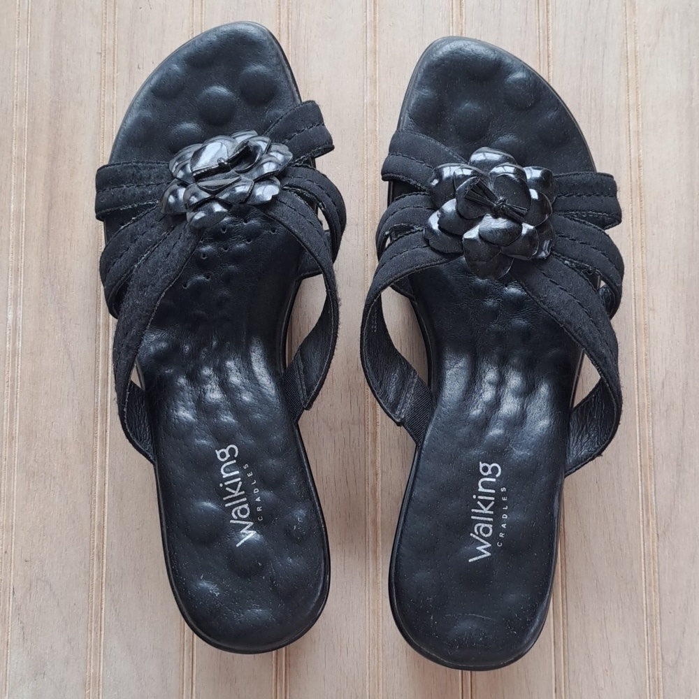 Walking Cradles Black Leather Floral Comfy Slide Wedge Short Heel Classy Sandals
